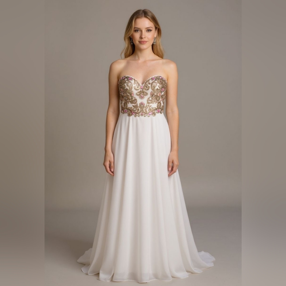 8 NwT Night Moon‎ Elegant Strapless White and Gold Dress
